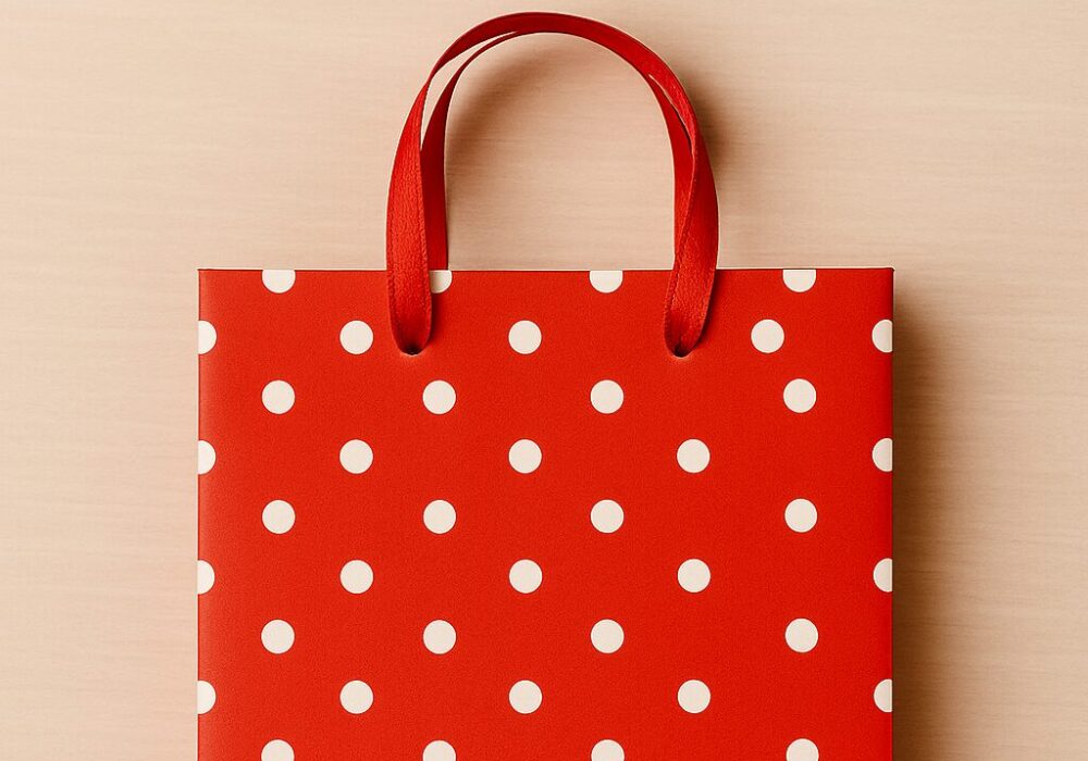 Red polka dot gift bag with ribbon handles on a light wood background, used as a featured image for a DIY wrapping-paper bag tutorial.