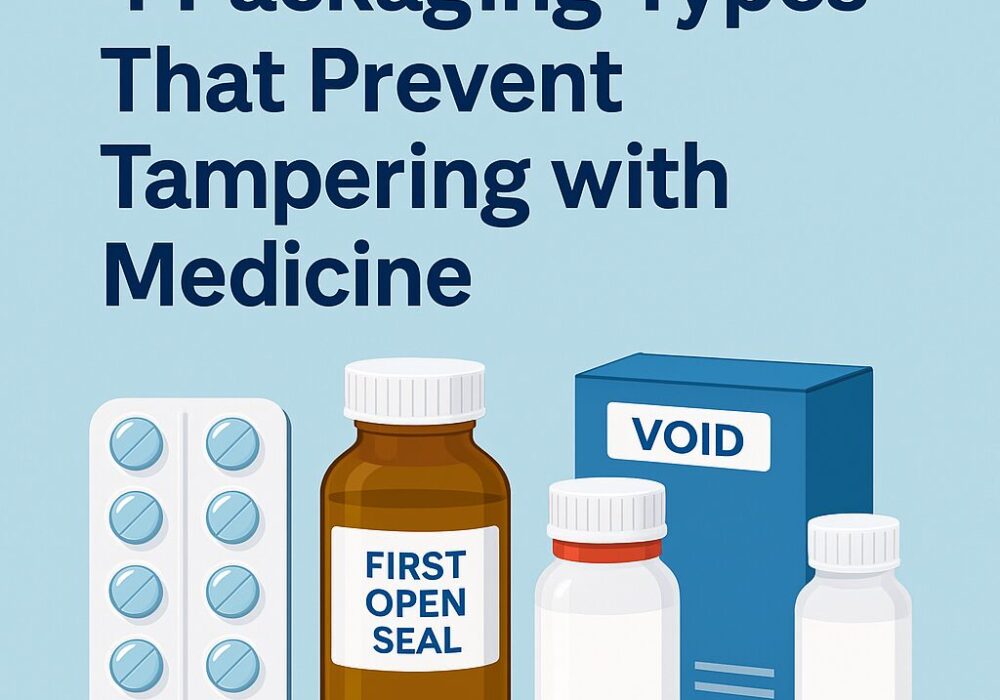 Illustration showing four types of tamper-evident medicine packaging including blister pack, induction seal bottle, shrink band bottle, and VOID-sealed carton.