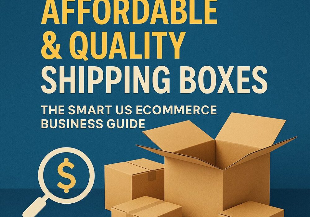 Featured image showing several brown corrugated shipping boxes with a magnifying glass icon and bold text that reads ‘Where to Find Affordable & Quality Shipping Boxes – The Smart US eCommerce Business Guide.’