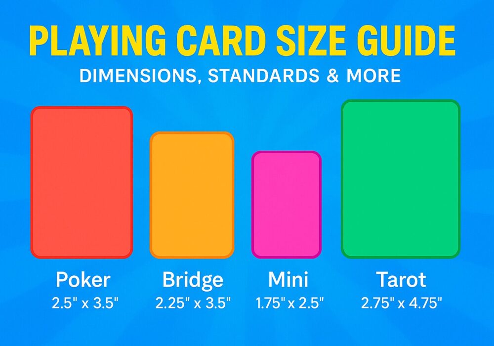 Bright infographic comparing standard playing card dimensions, including poker, bridge, mini, and tarot sizes.