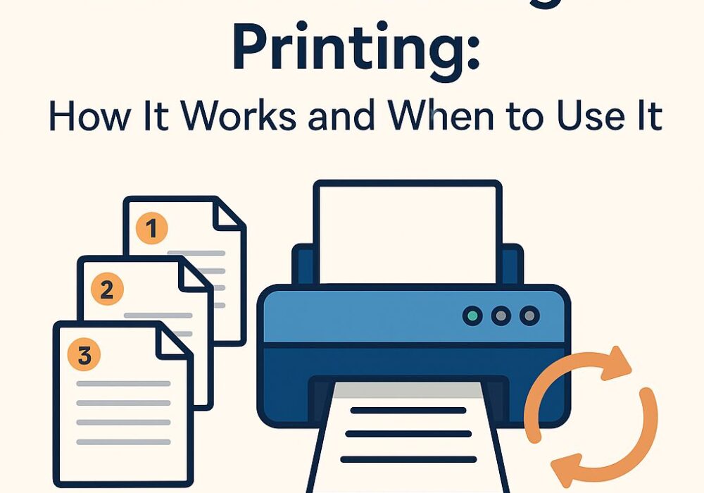 Illustration showing collated printing with numbered pages being printed in correct order from a printer