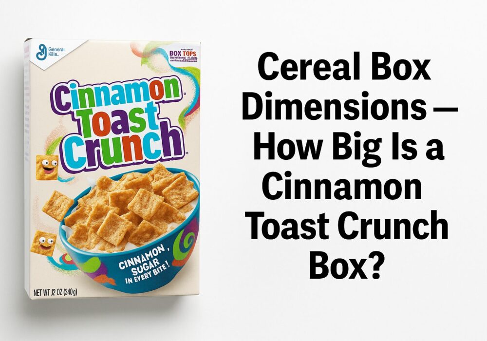 Cereal box dimensions showing the size of a Cinnamon Toast Crunch box with packaging design
