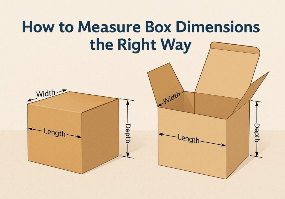 Realistic illustration of an open cardboard box on a clean workspace with a ruler and tape measure, showing labeled length, width, and depth dimensions for a blog titled ‘How to Measure Box Dimensions the Right Way’.