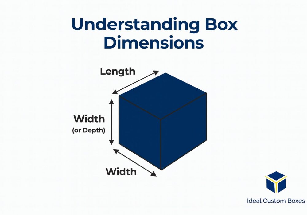 Illustration of a box with arrows showing length, width, and height measurements for understanding packaging dimensions, featuring Ideal Custom Boxes logo.