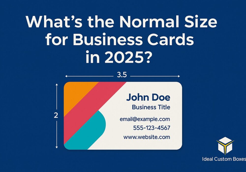 Colorful modern business card design showing standard size dimensions of 3.5 inches by 2 inches, created for a blog about business card sizes in 2025, with Ideal Custom Boxes logo