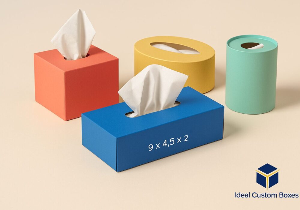 Various colorful tissue boxes including rectangular, square, oval, and cylindrical shapes, with a standard rectangular box labeled 9 x 4.5 x 2 inches, showcasing different tissue box dimensions with Ideal Custom Boxes logo.