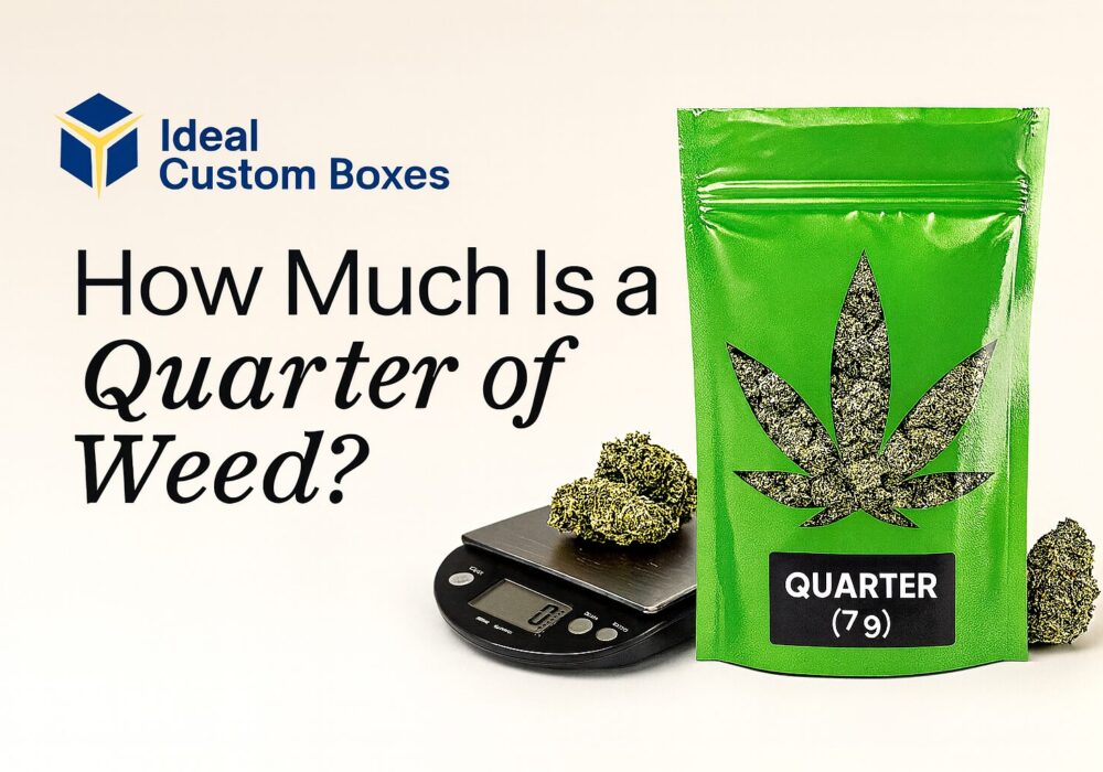 image for blog titled How Much Is a Quarter of Weed? showing cannabis buds on a digital scale beside a green pouch labeled Quarter (7g), with Ideal Custom Boxes logo.