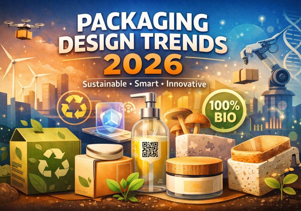 Packaging design trends 2026 featuring sustainable materials, smart packaging technology, and innovative eco-friendly product designs.