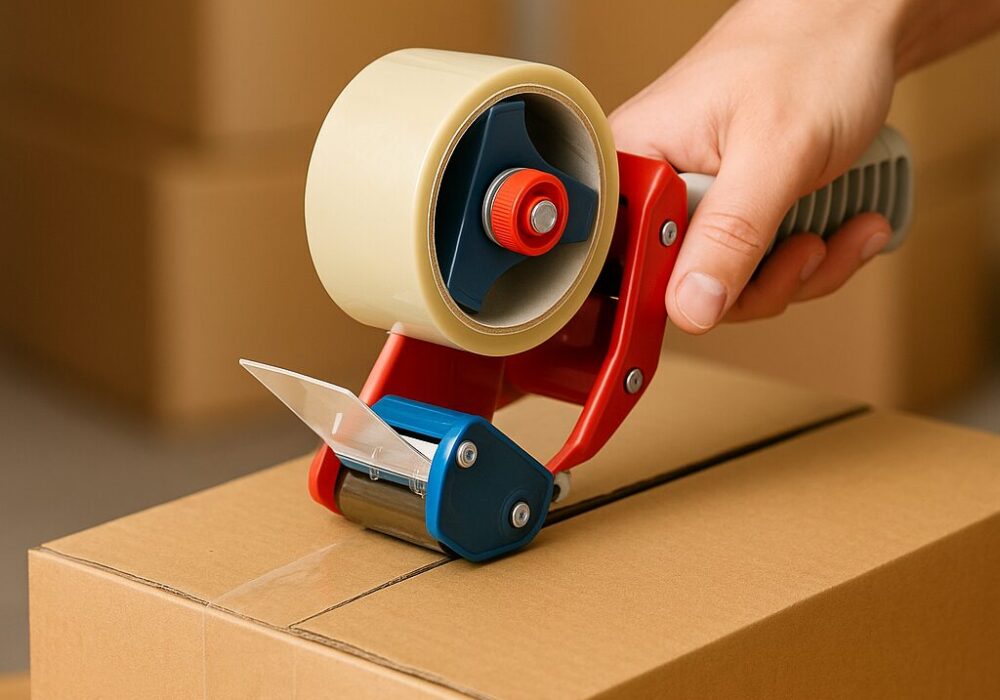 Close-up of a person sealing a brown cardboard box with clear packing tape using a red and blue tape dispenser in a packaging workspace.