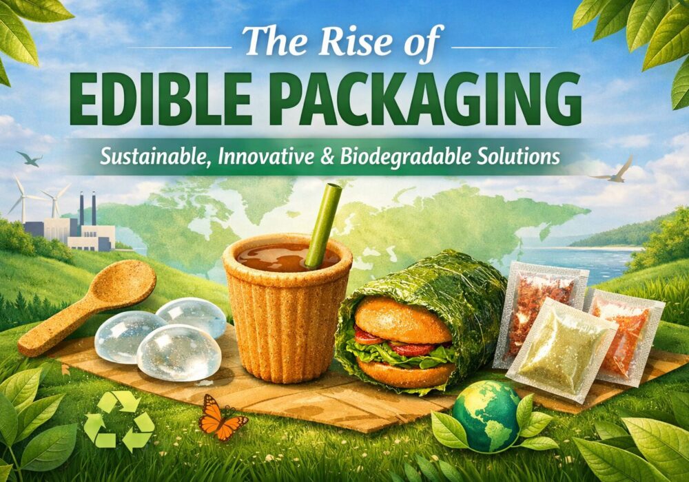 Illustration showing edible packaging solutions like edible cups, seaweed food wraps, biodegradable utensils, and dissolvable sachets representing sustainable and eco-friendly packaging.