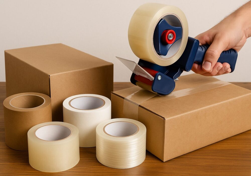 Assorted rolls of packaging tape — including clear BOPP, kraft paper, and filament tape — arranged on a wooden table beside cardboard boxes, with a hand using a tape dispenser to seal one box.